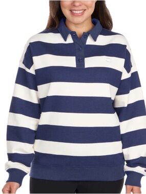 Champion Navy and White Striped Rugby Polo Sweatshirt
